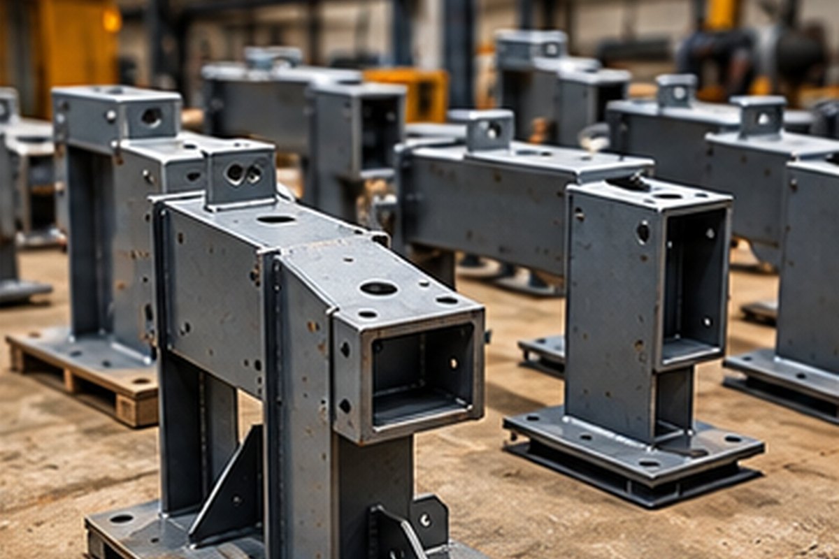 Rows of custom fabricated steel support components on pallets in a fabrication yard