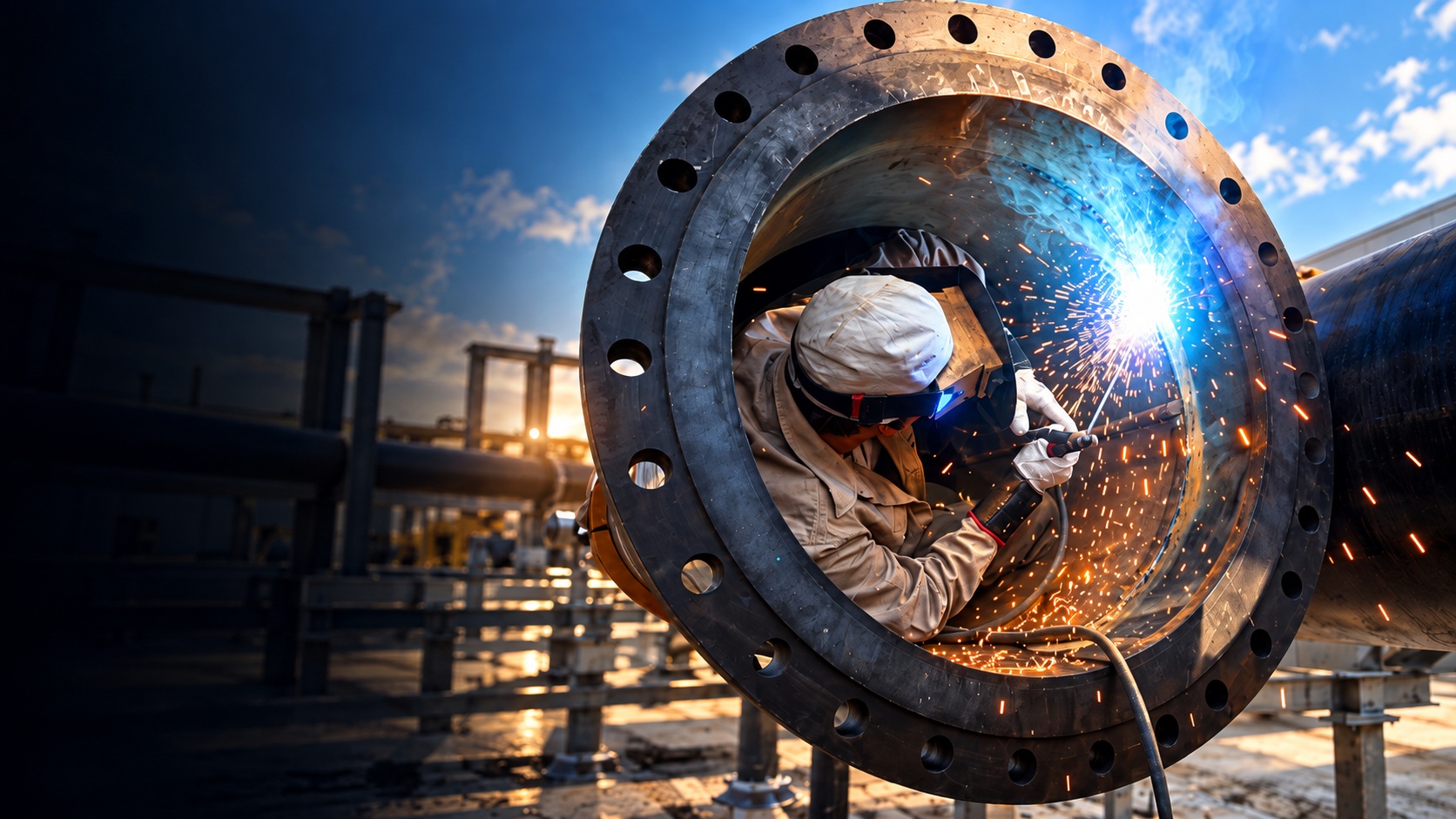 Welder in a protective helmet field welding a pipeline joint beside an excavator on a job site