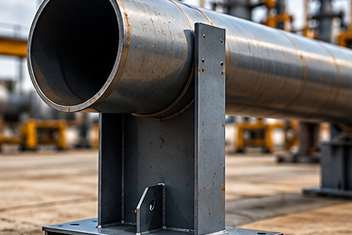 Fabricated steel pipe support cradling a large-diameter steel pipe in an industrial yard